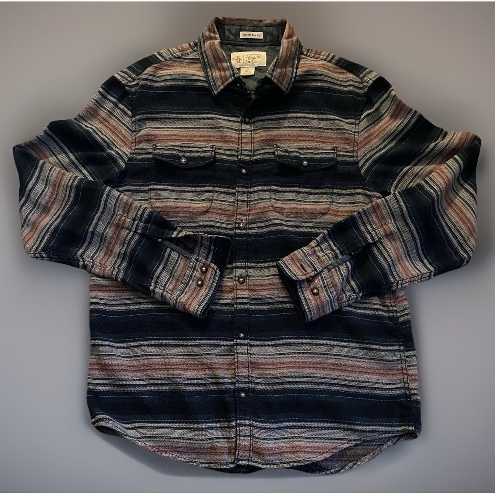 Original Penguin By Munsingwear Button Up Shirt Blue Gray Stripe Slim Large JBHS